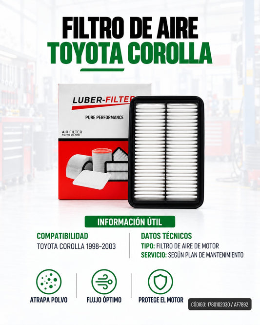 Filtro de aire KM Motos para Toyota Corolla 98-03, imagen mostrando el filtro de aire compatible para mejor rendimiento del motor.