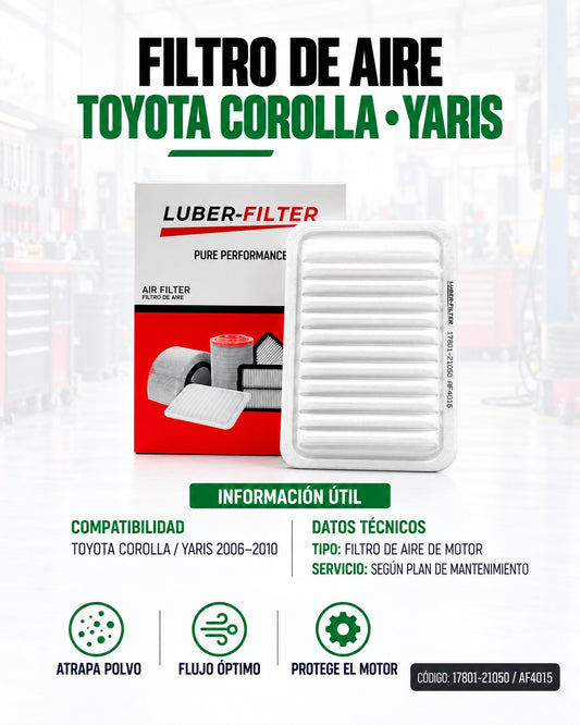 Filtro de aire KM Motos para Toyota Corolla y Yaris 2006-2010, reemplazo de alta calidad, muestra el filtro en su caja.