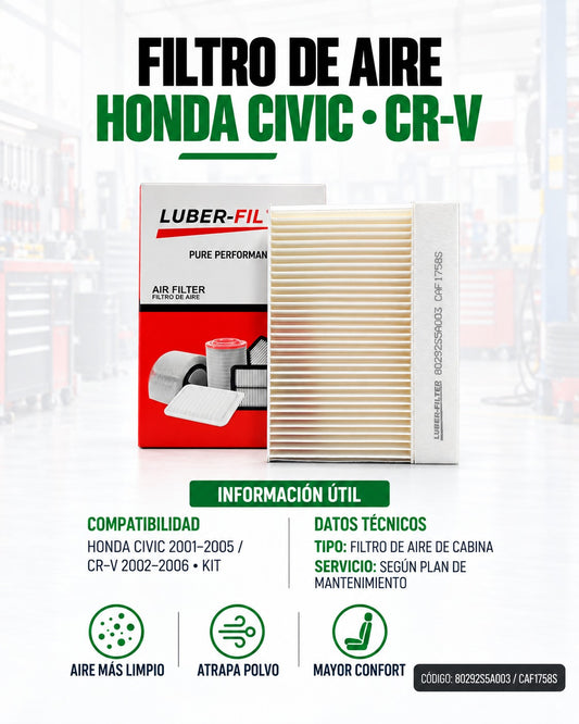 Filtro de aire de cabina para Honda Civic 01-05 y CRV 02-06, marca KM Motos, mostrando el filtro y su estructura.