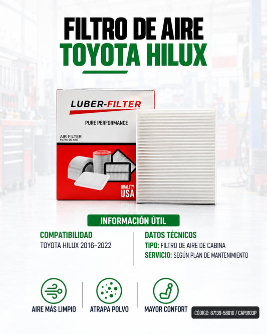 Filtro de aire para Toyota Hilux 2016-2022 de KM Motos, imagen mostrando el filtro de aire en color café.