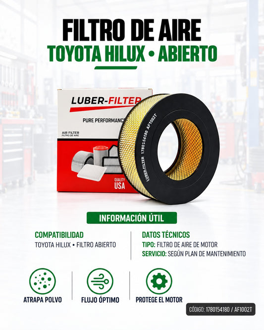 Filtro de aire abierto para Toyota Hilux de la marca KM Motos, muestra el filtro con estructura y elementos de filtración visibles.