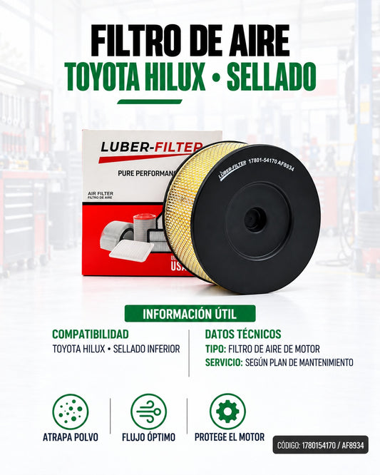 Filtro de aire sellado para Toyota Hilux de KM Motos, muestra el filtro limpio y encajado en el compartimento del motor.