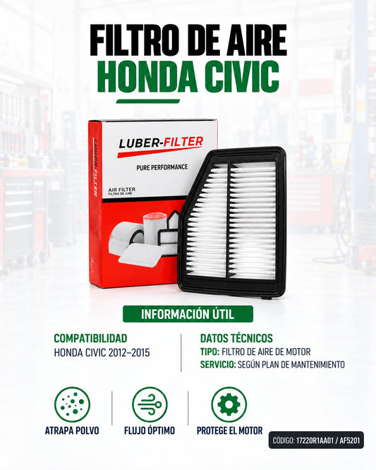 Filtro de aire Honda Civic 12-15 de KM Motos, muestra el filtro en un entorno de taller con detalles del componente.