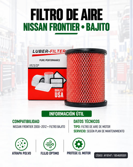 Filtro de aire KMMOTOSHN para Nissan Frontier 2000-2012, modelo bajito, mostrando el filtro de aire en la imagen