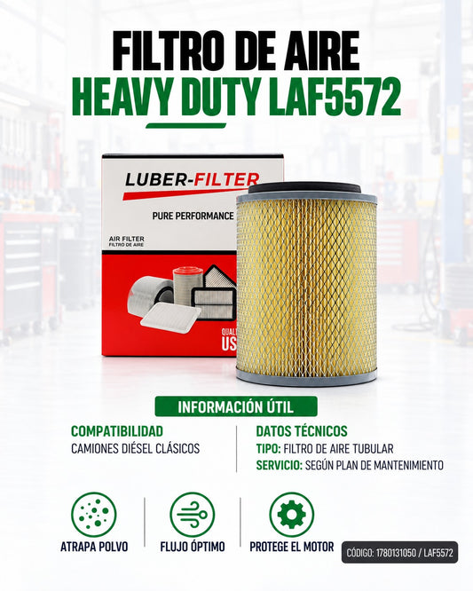 Filtro de aire tubular Heavy Duty KM Motos para camiones diésel clásicos, con diseño resistente y duradero.