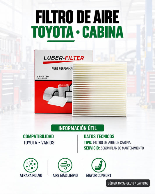 Filtro de aire para cabina Toyota de la marca KM Motos, muestra el filtro de aire de cabina con material de filtro visible.