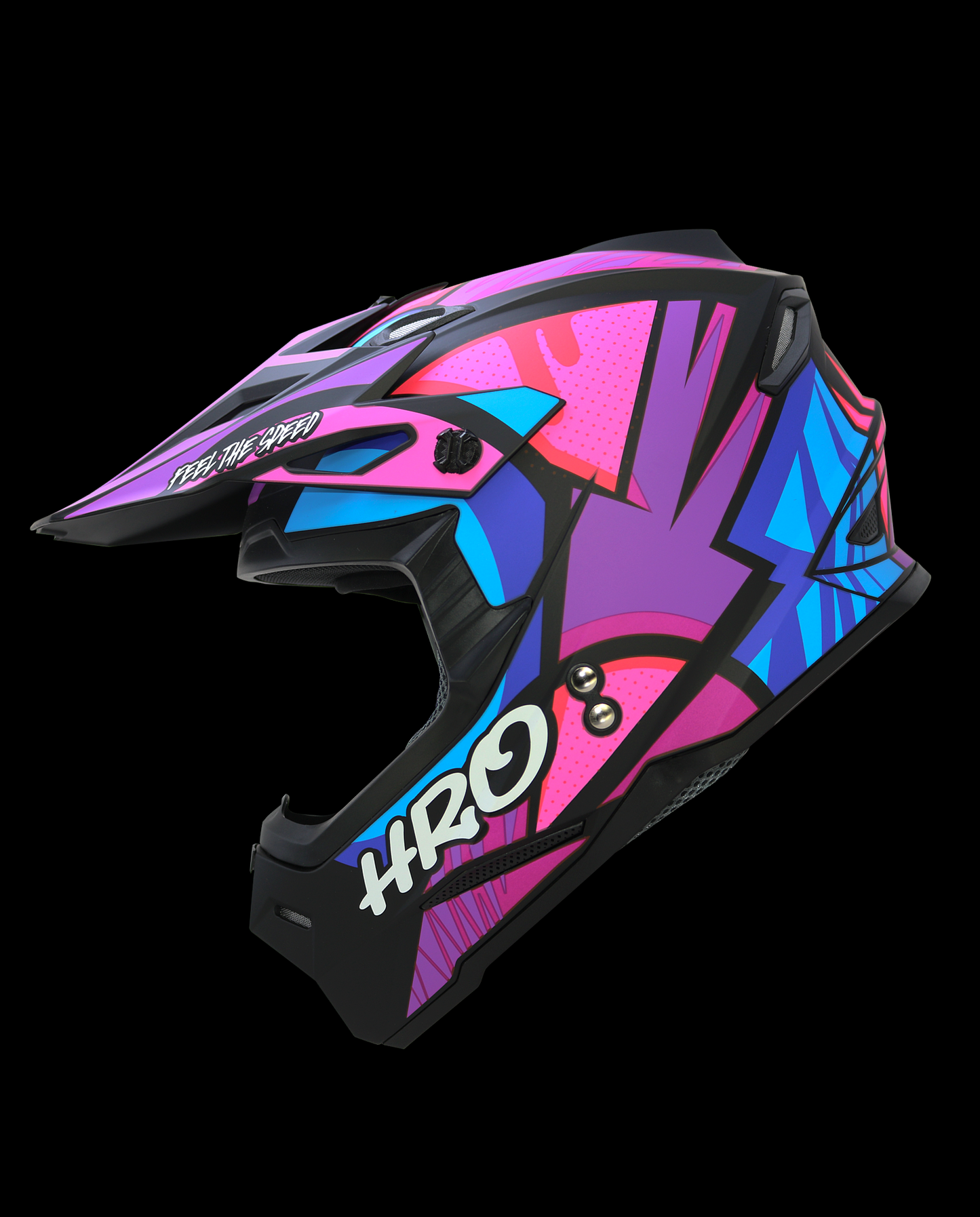 Casco de cross HRO negro con detalles morados y gráficos de gotas, diseñado para motocross y deportes off-road.
