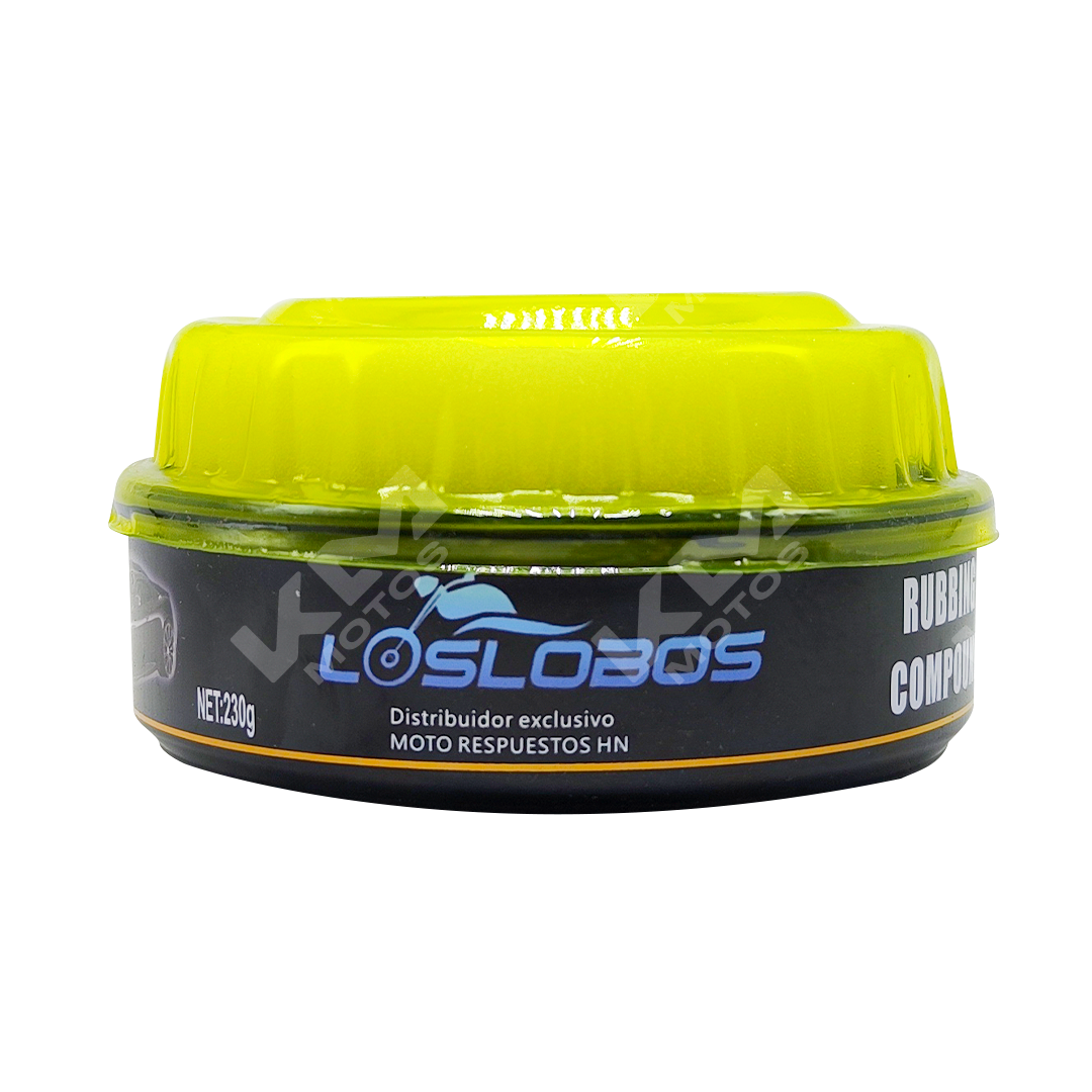 Pasta para pulir y brillo KM Motos de 230g en envase con etiqueta blanca y logo azul, ideal para pulir superficies.