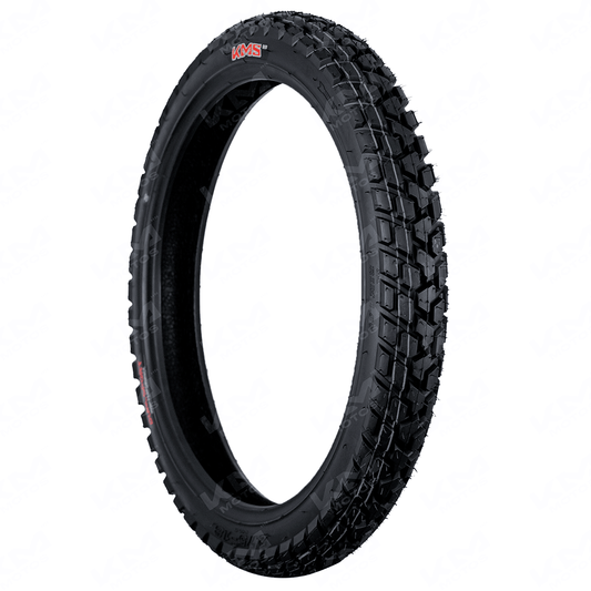 Llanta delantera KMS 2.75-18 doble propósito para dual sport, resistente y apta para off-road y carretera.