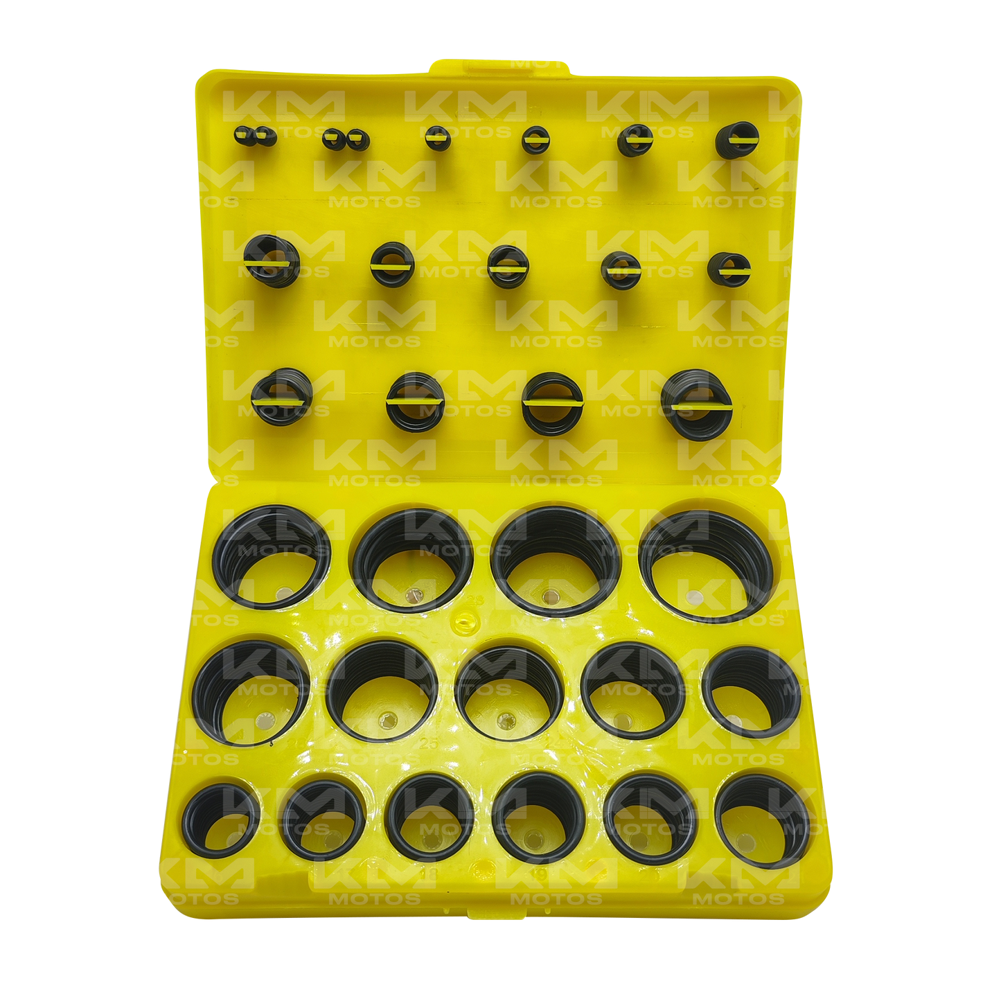 Retenedores O-Rings KM Motos en kit, componentes de goma para sellar y mantener piezas mecánicas en motocicletas.