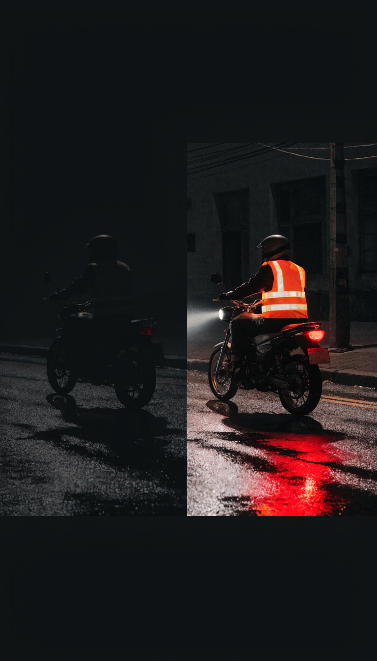 A la izquierda, un motociclista casi invisible en la oscuridad; a la derecha, el mismo motociclista visible con chaleco reflectivo y luces encendidas