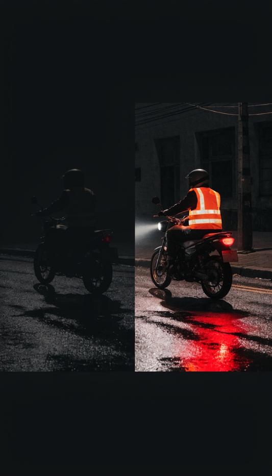 A la izquierda, un motociclista casi invisible en la oscuridad; a la derecha, el mismo motociclista visible con chaleco reflectivo y luces encendidas