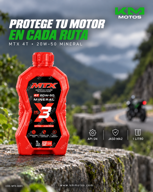 Aceite mineral 20W50 MTX en envase con etiqueta, ideal para motores de vehículos y maquinaria.