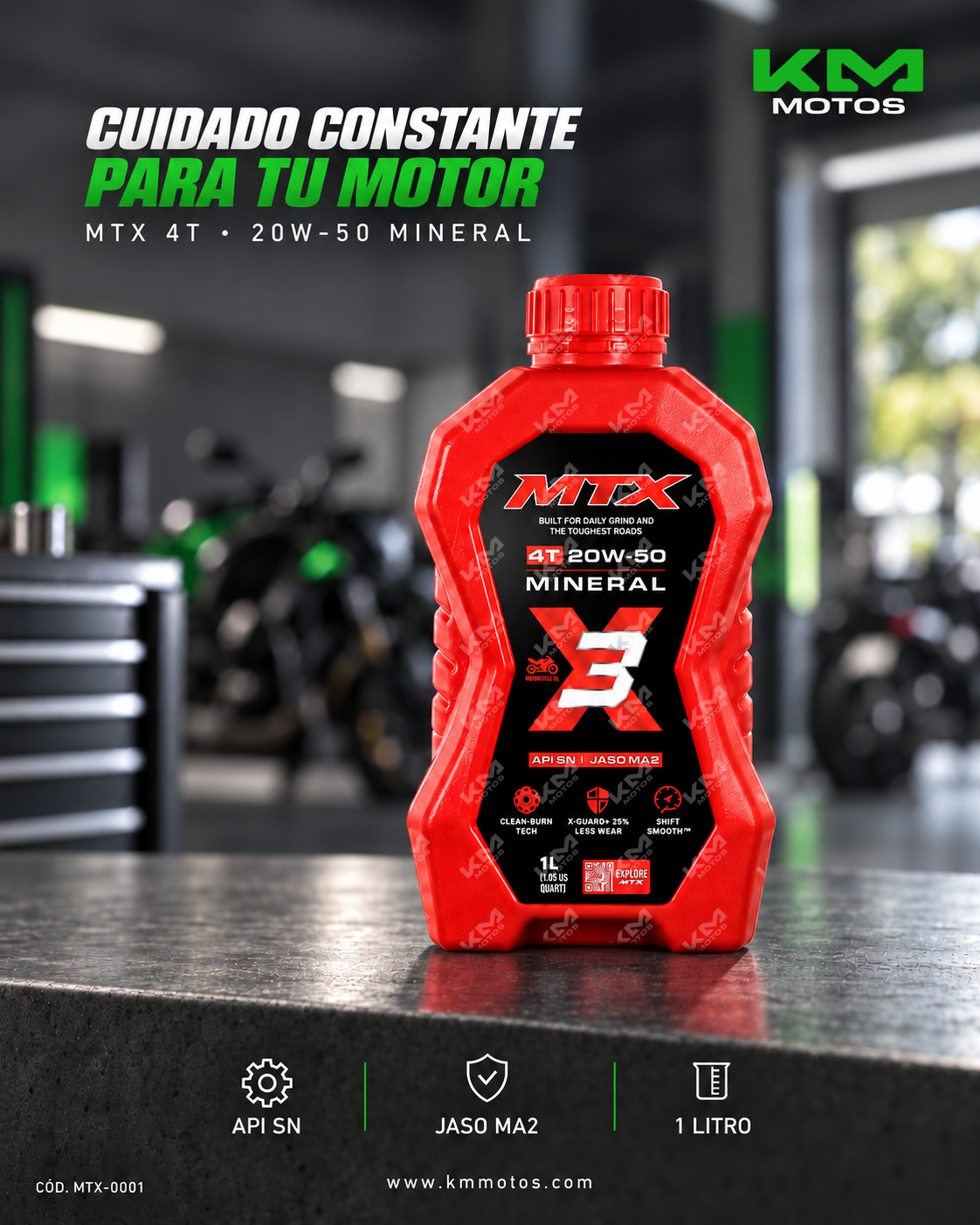 Aceite mineral 20W50 de la marca MTX en envase para motor, con etiqueta y tapa visible.