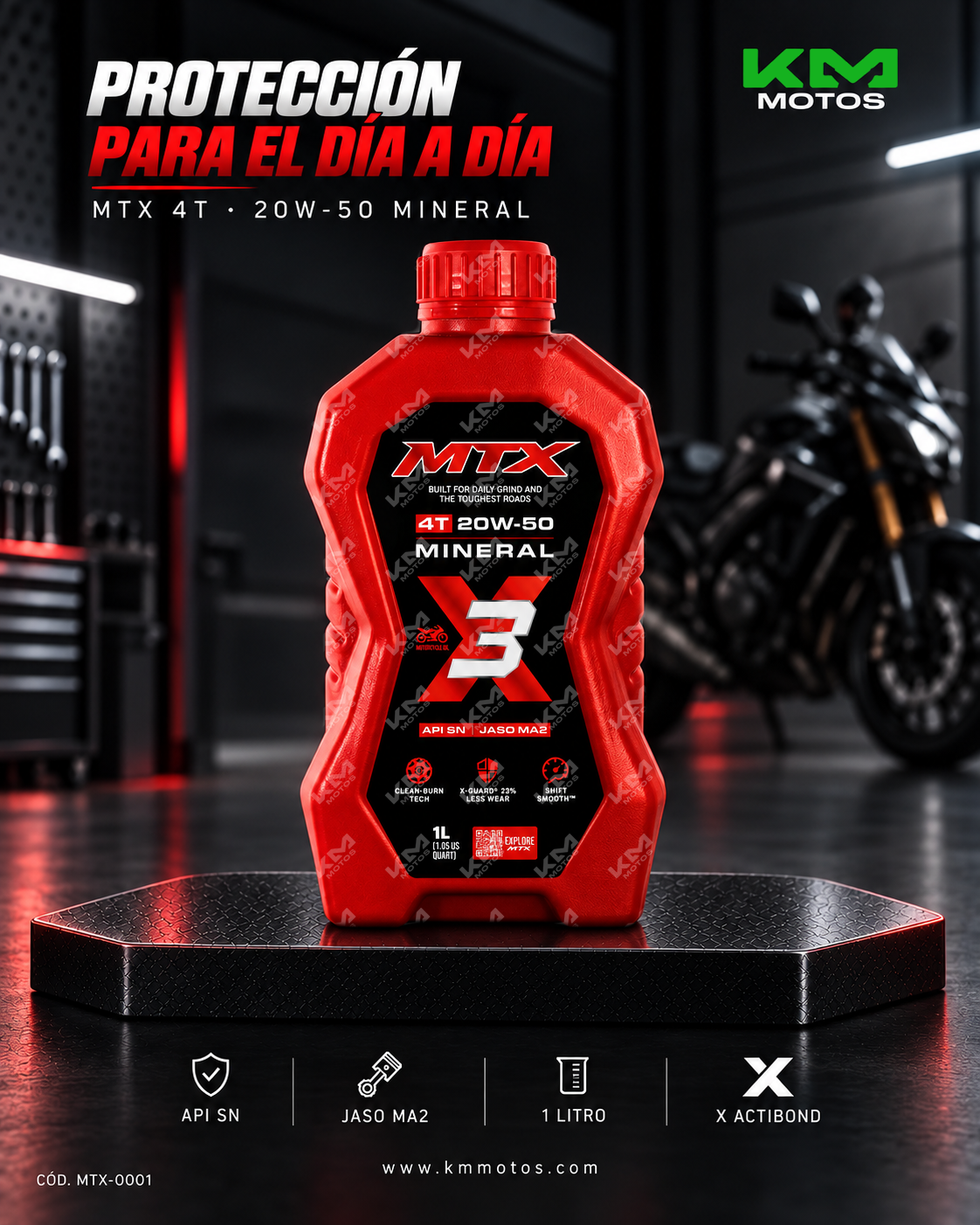 Aceite mineral 20W50 MTX para motores, envase con etiqueta y tapa, en fondo neutro.