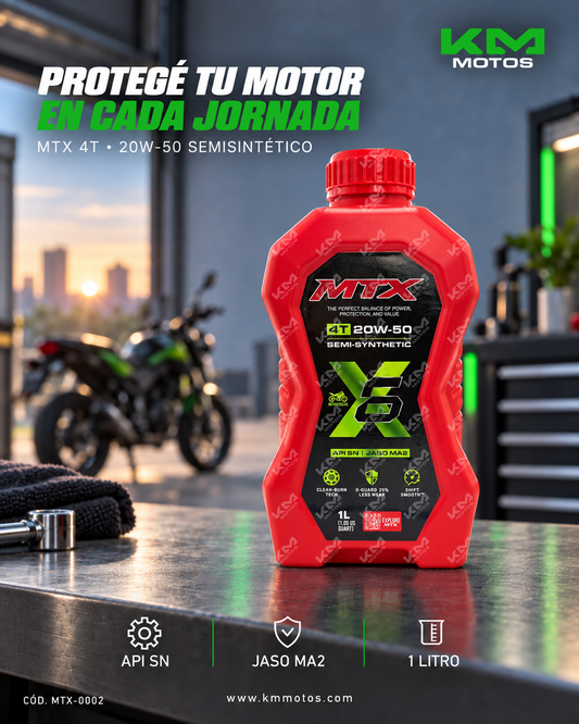 Aceite semi sintético 20W50 MTX, lubricante para motores, en envase de color dorado con etiqueta negra y detalles blancos.