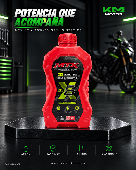 Aceite 20W50 semi sintético MTX para motor, botella de aceite con etiqueta visible, en un envase de color negro y amarillo.