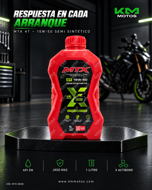 Aceite semi sintético MTX 15W50, envase con etiqueta visible, ideal para motores de automóviles.