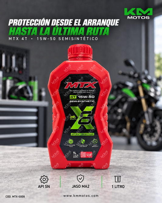 Aceite semi sintético MTX 15W50, para motor, botella con líquido oscuro y etiqueta visible.