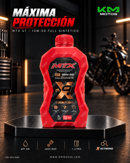 Aceite sintético 15W50 MTX para motor, envase con etiqueta visible, ideal para lubricación de vehículos.