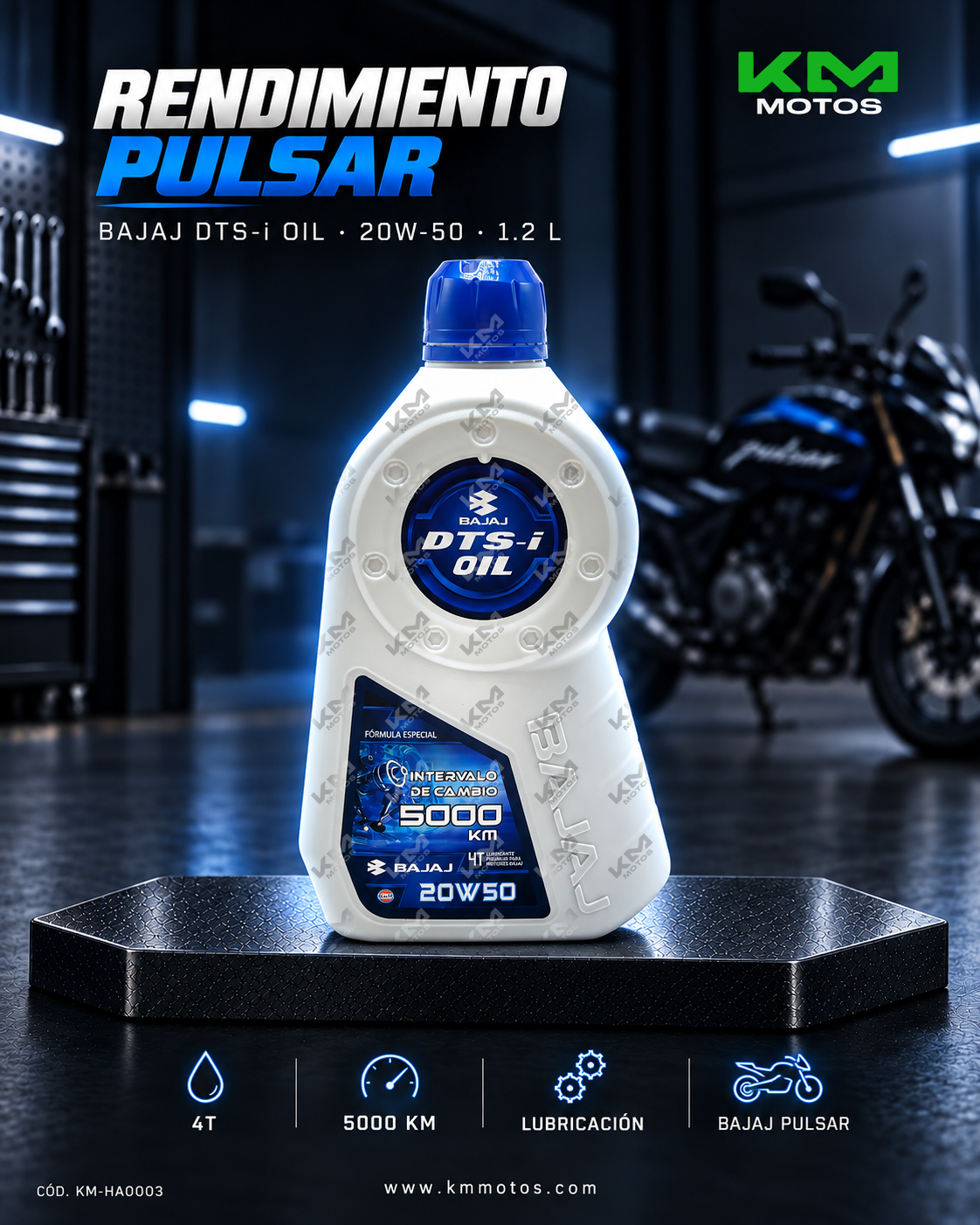 Aceite 20W50 KM Motos para Bajaj Pulsar, frasco de 1.2 litros, aceite lubricante para motocicletas.