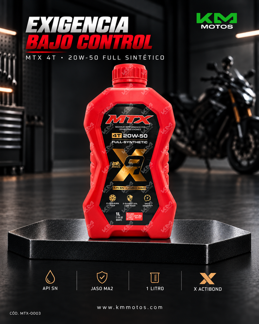 Aceite de motor 20W-50 Full Sintético MTX, 1 litro, para coches, con certificación API SN y JASO MA2, botella con etiqueta.