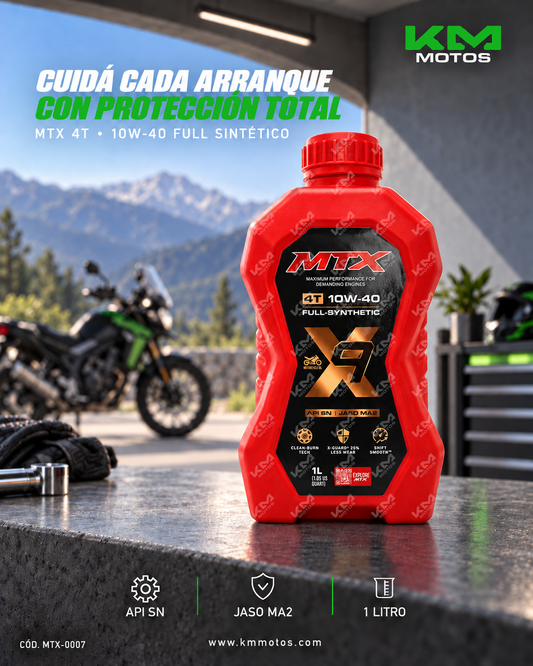 Aceite 10W40 Full Sintético MTX para motor, viscosidad y calidad de lubricante de alta protección.