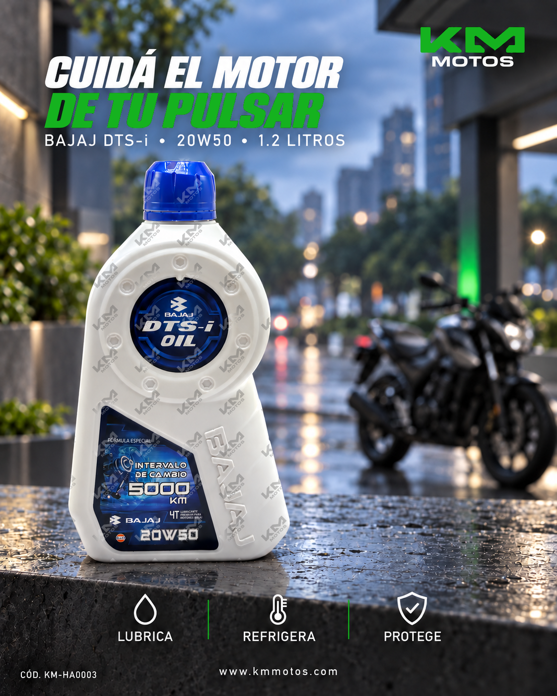 Aceite 20W50 KM Motos para Bajaj Pulsar, envase de 1.2 litros, frasco de aceite de motor para motocicleta.