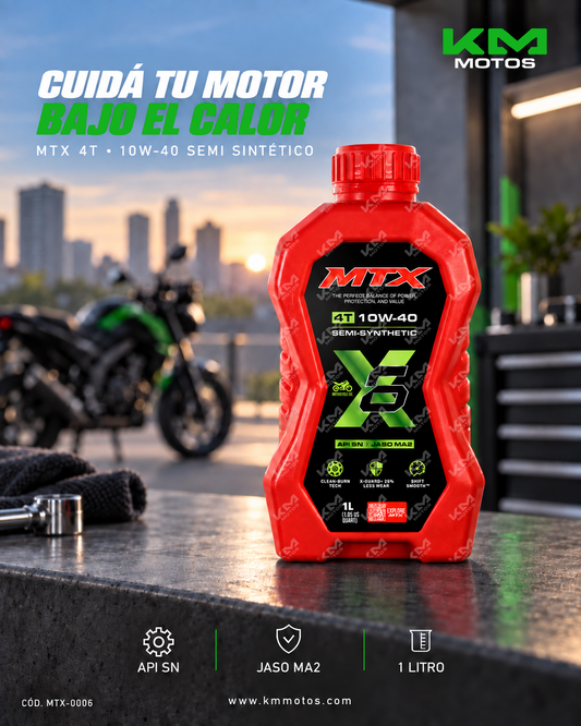 Aceite de motor semi sintético MTX 10W-40, 1 litro, para autos, con certificación API SN y JASO MA2.
