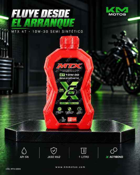Aceite de motor semi sintético MTX 10W-30 para motos, envase de 1 litro, API SN y JASO MA2, líquido lubricante para motor