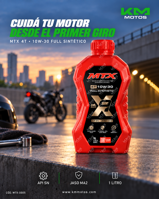 Aceite de motor 10W-30 MTX Full Sintético para motos, envase de 1 litro, compatible con API SN y JASO MA2
