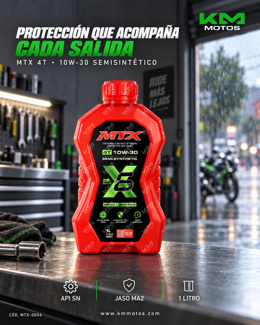 Aceite de motor MTX 10W-30 semi sintético para motos, 1 litro, con certificaciones API SN y JASO MA2.