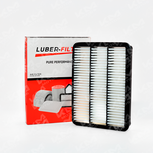 Filtro de aire para coche Prado 03-09 de Luber-Filter, muestra el filtro de aire rectangular y su estructura de malla.