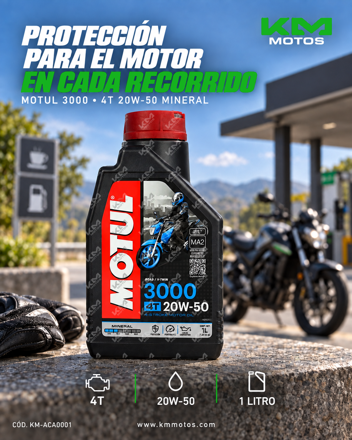 Aceite Motul 3000 20W50 de KM Motos, envase de aceite de motor para motocicletas y vehículos.
