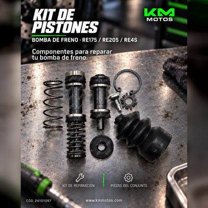 Kit de pistones de bomba de freno KM Motos para RE175, RE205, RE4S, NVO RE4S, Maxima Z, RE250, componentes visibles.