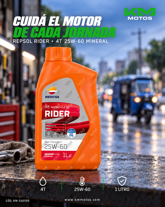 Aceite Repsol Mototaxi 25W60 mineral para motores, frasco de 1 litro con etiqueta y tapa en imagen
