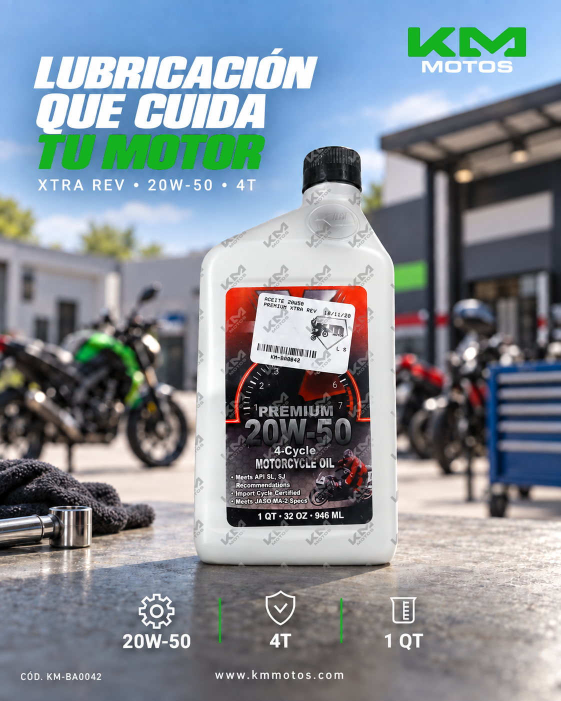 Aceite motor 20W50 Premiun Xtra Rev de KM Motos, envase de 1 litro, aceite de motor para motos.