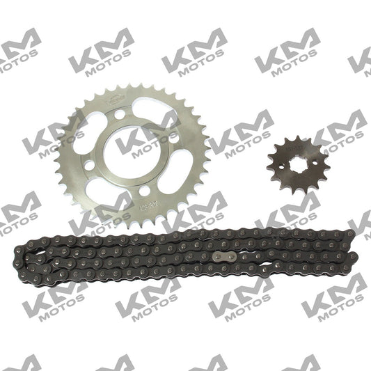 Kit de sprocket de arrastre original Italika FT150 y FT180, sistema de tracción para motos Italika, imagen con piezas de la cadena.