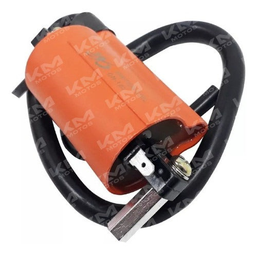 Bobina de alta Suzuki Haojue Italika, componente de encendido para motocicleta, vista frontal mostrando conexiones y estructura