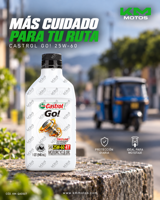 Aceite Castrol GO 25W60 para mototaxi, frasco de aceite de motor Castrol para motores de 1/4 mototaxi, envase con etiqueta.