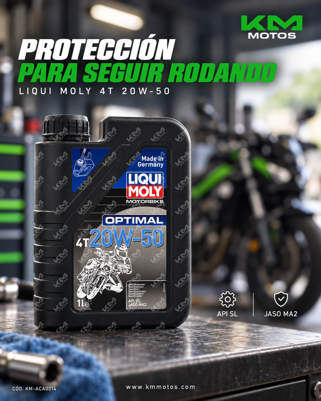 Aceite 20W50 Liqui Moly 4T Street en botella, aceite para motocicletas de la marca Universal, con etiqueta y tapa visible.
