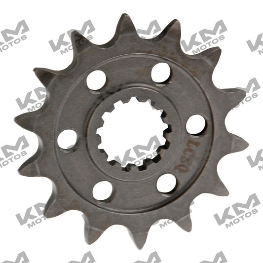 Piñón delantero de 14T para sistema de tracción Italika VORT-X 300 ZX250, pieza original E14030057, en buen estado.