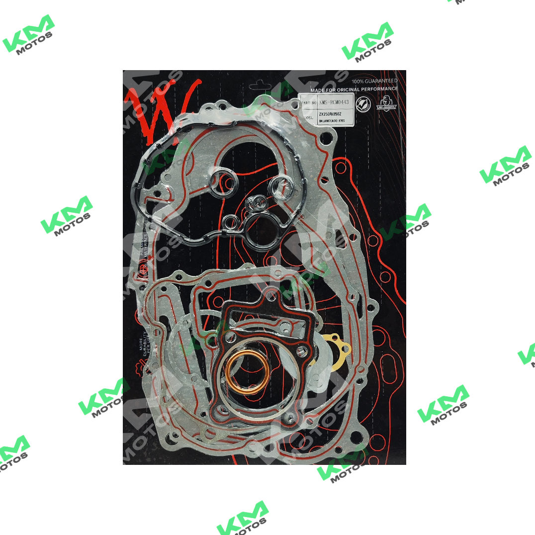 Kit de empaques para KMF ZX250R, componentes visibles en la imagen, ideales para reparaciones y mantenimiento del motor.