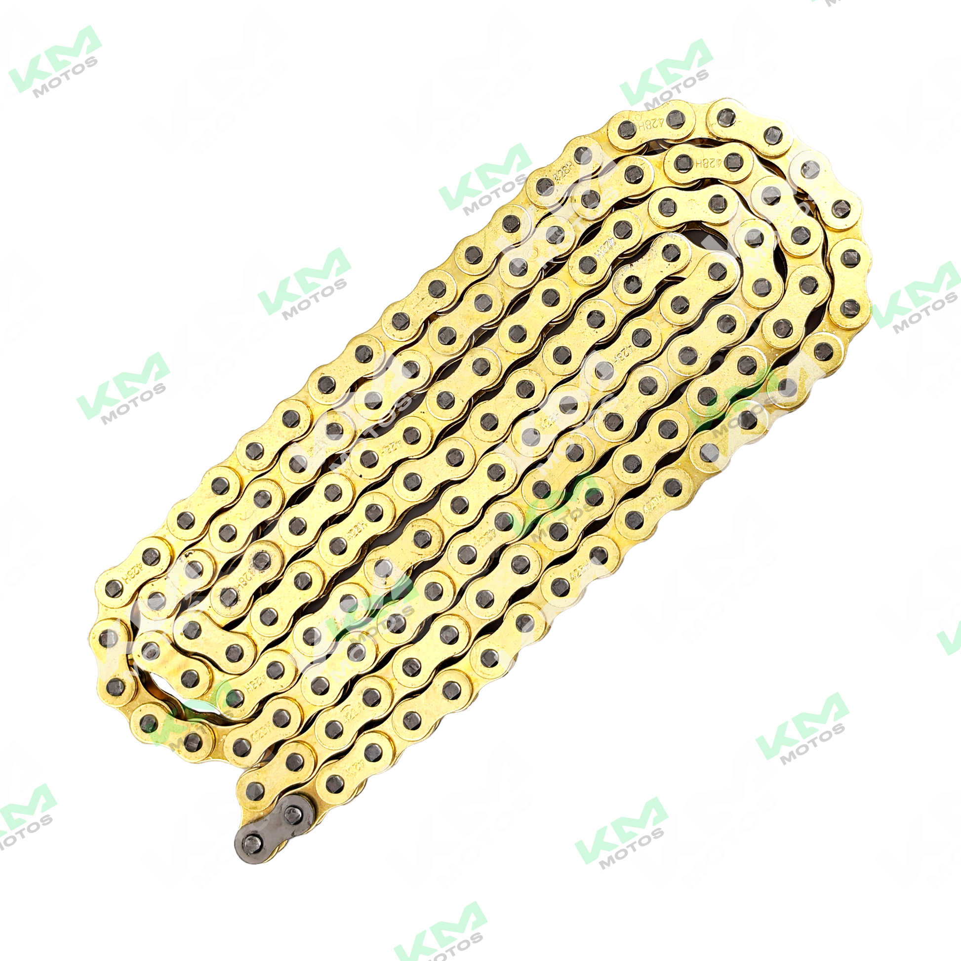 Cadena reforzada 428H-136L dorada de KM Motos, cadena de motocicleta resistente y duradera con recubrimiento dorado.