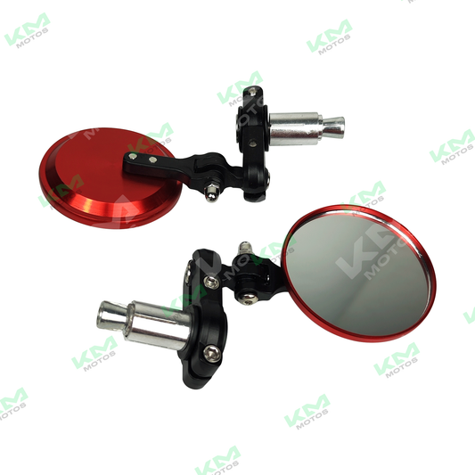 Conjunto de retrovisores redondos de contrapesa rojos de KM Motos, ideales para motocicletas, con acabado brillante y resistente.
