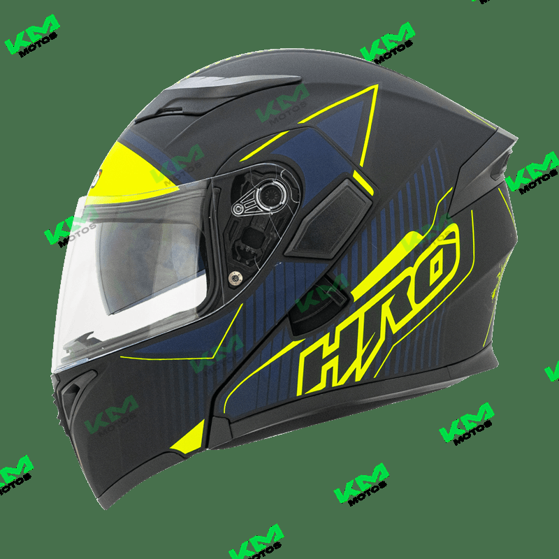 Casco modular negro con azul de la marca HRO, diseño aerodinámico y protección para motociclistas, modelo HRO 3400 L.
