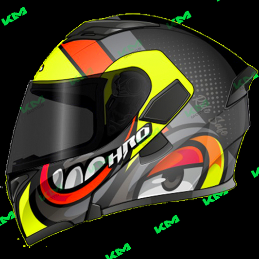 Casco modular HRO negro con detalles en amarillo, modelo Fuzion HRO 3400 M, con visera y ventilación.