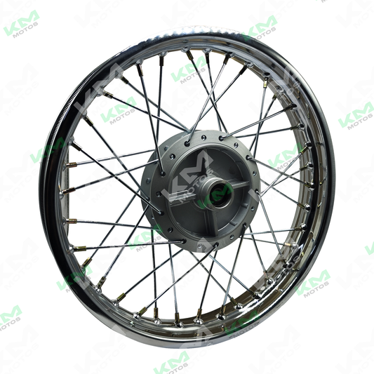 Rin trasero armado KM Motos XM200, rueda de motocicleta de aluminio con diseño resistente y acabado en negro.