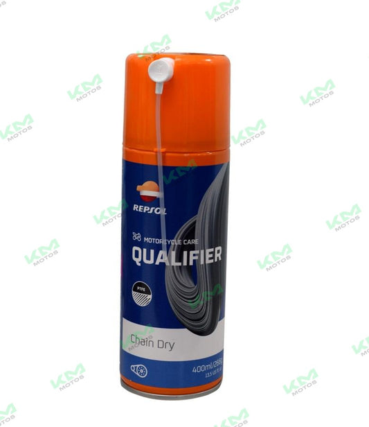 Spray lubricante para cadena Repsol de la marca KM Motos, botella con aerosol para lubricación de cadenas de motocicleta.