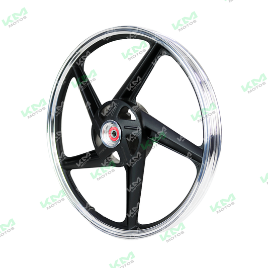 Rin delantero KM Motos FT150, rueda de motocicleta de aluminio con acabado en negro y diseño resistente.